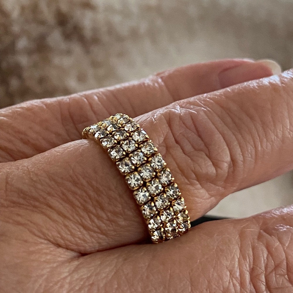 Three Rows Rhinestone Crystal Tennis Stretch Band Ring - Picture 12 of 12